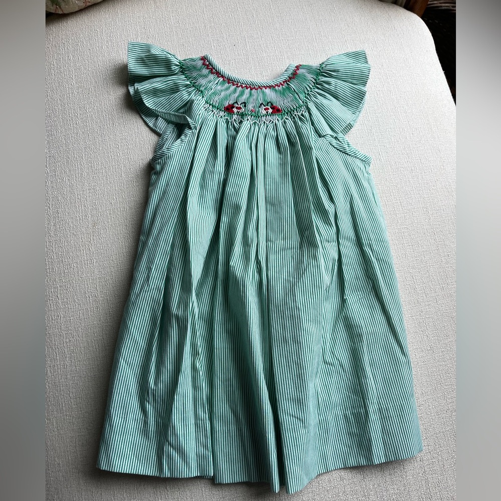 Anavini green and white hand, smocked dress 24 months